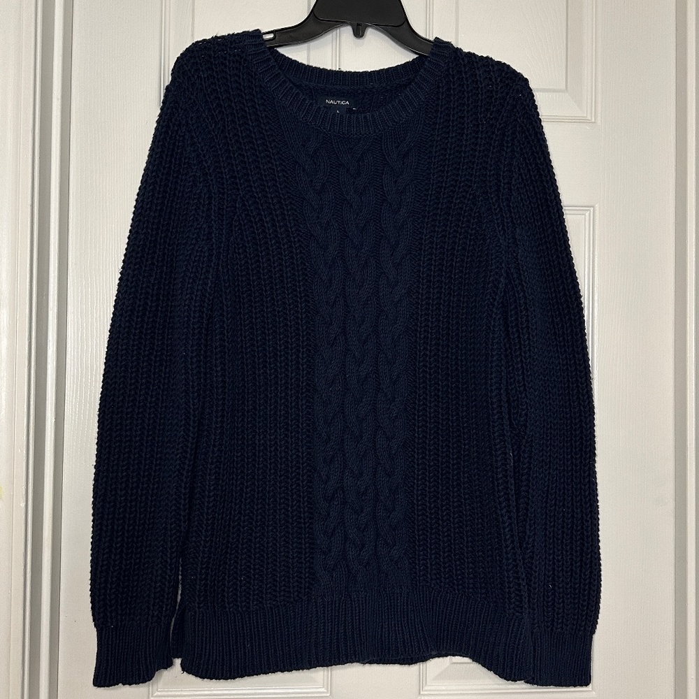 Nautica Sweater Women's L Navy Cable Knit Chunky Long